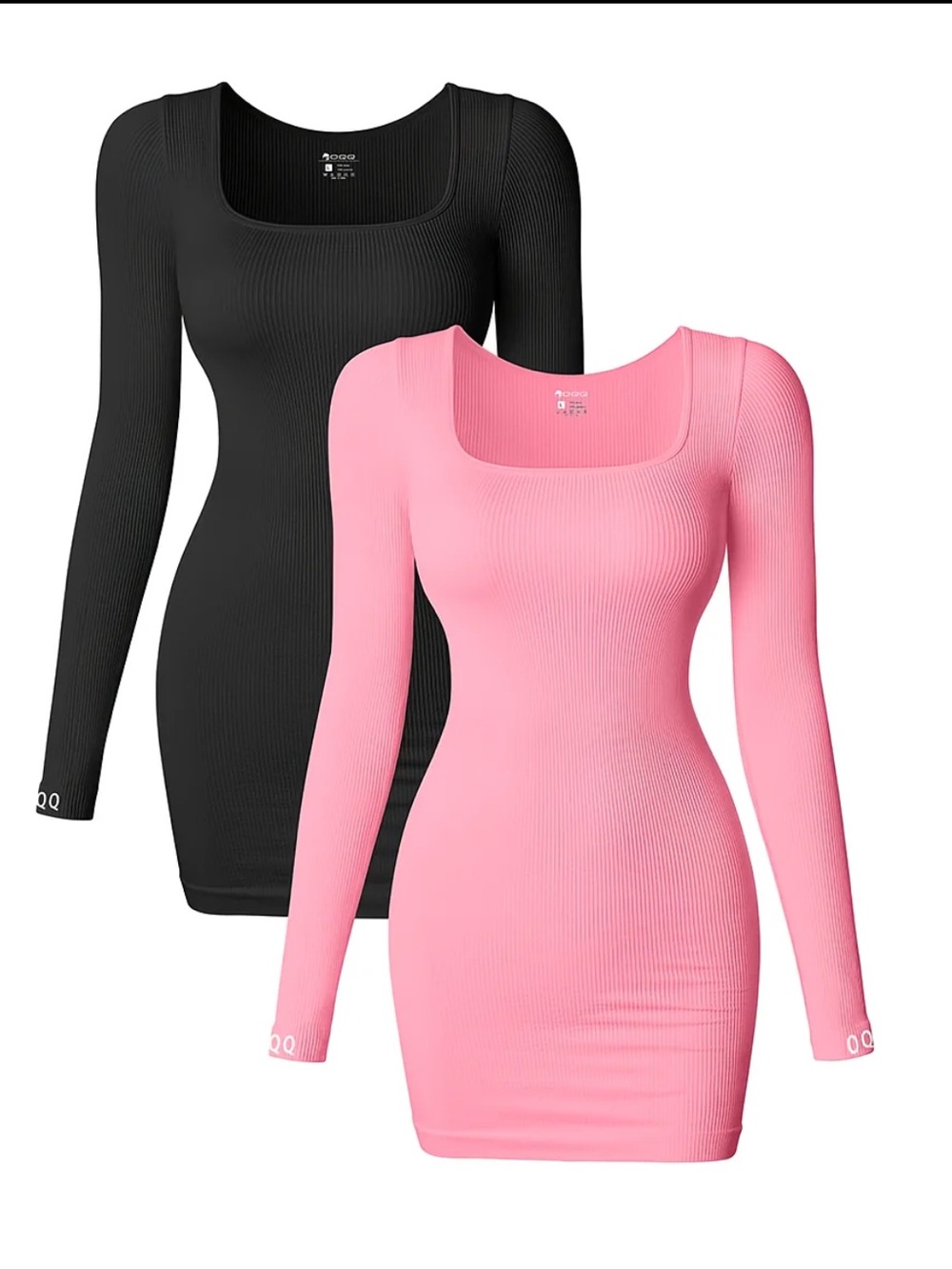 2 pcs Ribbed Long Sleeve Bodycon Dress in Pink and Black